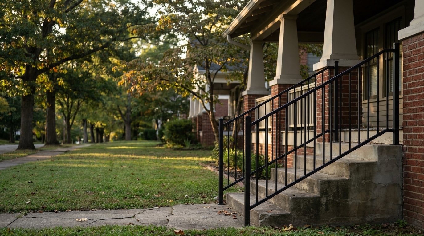 Black steel stair railing with square balusters on the concrete front steps of a red-brick Craftsman bungalow porch, a tree-lined street in late-afternoon light