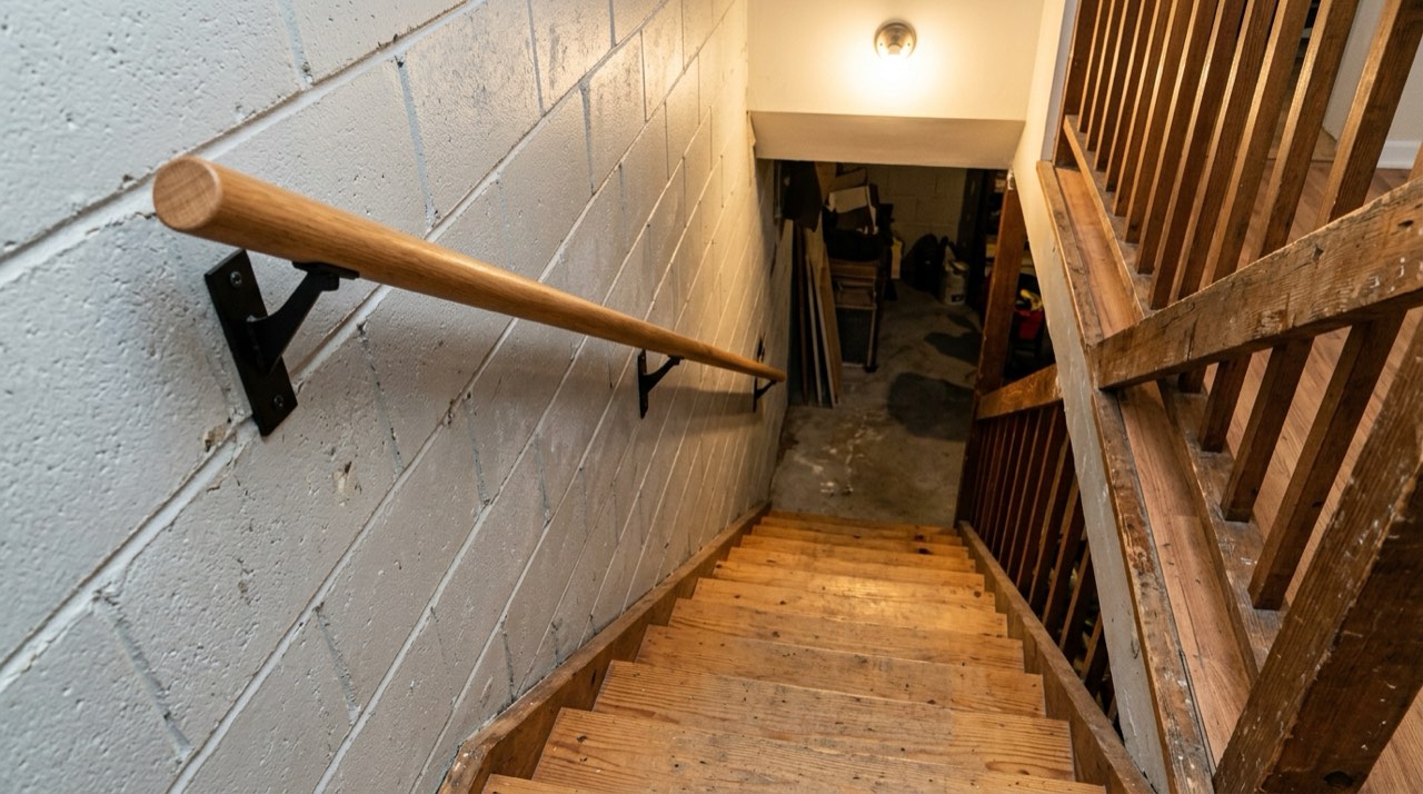 Basement staircase with a round wooden handrail mounted on black metal brackets along a painted concrete-block wall