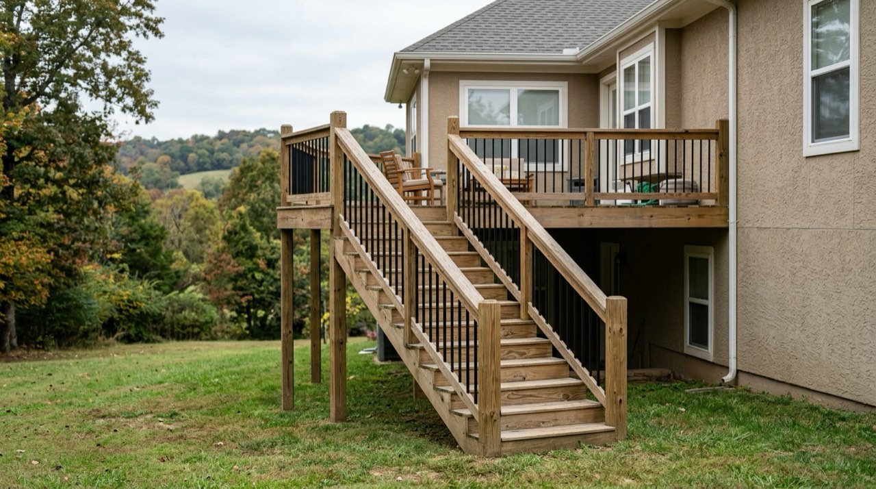 Wood deck staircase with black aluminum balusters and a handrail descending from a raised back deck to a grassy yard, wooded hills behind