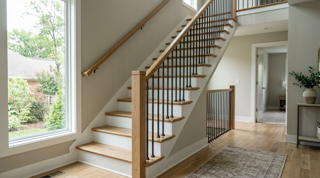 Open interior staircase with a light oak handrail, box newel post and slim black metal balusters beside a tall window