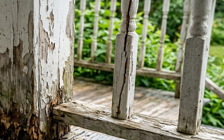 Weathered painted porch post with rot at its base beside a cracked wooden baluster on an old porch railing