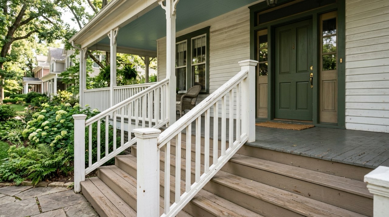 White painted wood porch railing with square balusters and a matching stair railing on the wooden front steps of a Victorian cottage