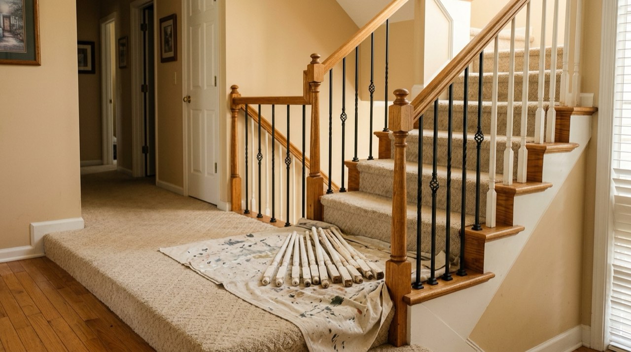 Carpeted staircase with oak handrails and newels where white wooden spindles have been replaced with black iron balusters, the old spindles lying on a drop cloth