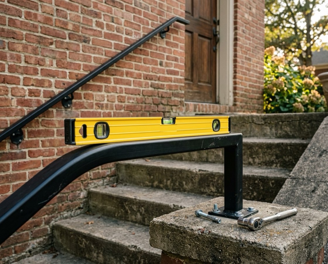 A yellow spirit level resting on a newly installed black steel handrail on concrete front steps beside a red-brick wall, a wrench and anchor bolts on the top step